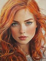 Portrait of Red Haired Woman with Freckles and Green Eyes in Realistic Painting photo