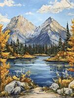 Mountain Landscape Painting with Lake, Trees, and Golden Autumn Colors photo
