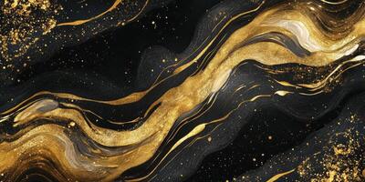 Elegant Black and Gold Abstract Art with Flowing Lines and Sparkles photo