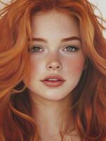 Portrait of Young Woman with Red Hair, Freckles and Green Eyes, Soft Focus photo