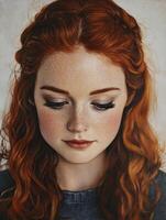 Portrait of a Young Woman with Red Hair and Freckles Looking Down photo