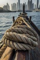 Wooden Boat Sailing Through City Waters with a Coiled Rope and Buildings in the Background photo