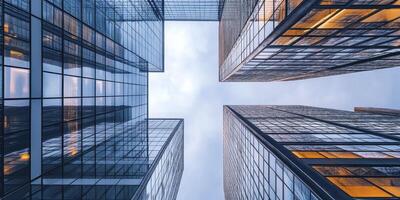 Looking Up at Modern Skyscrapers Reaching to Cloudy Sky Architectural View photo