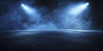 Spotlights Shining Down on Stage with Smoky Atmosphere and Dark Background photo