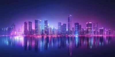 Illuminated City Skyline Reflecting in Water at Night with Neon Lights photo