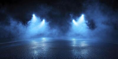 Blue Stage with Spotlights and Fog Creating a Dramatic Atmosphere for Events photo