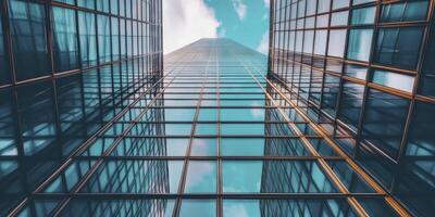 Skyscraper Rising Upwards with Reflecting Windows and Blue Sky Above Buildings photo