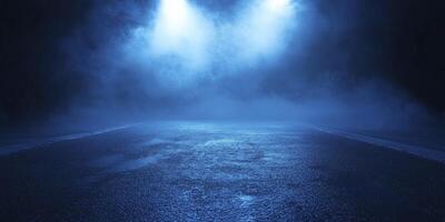Dark Asphalt Road with Atmospheric Fog and Blue Lighting Abstract Backdrop photo