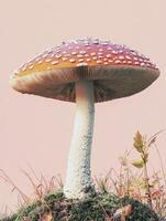 Fly Agaric Mushroom with Red Cap Growing in Nature Against a Soft Pink Background photo