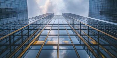 Tall Glass Skyscrapers Reaching Up to Cloudy Sky Reflected in Windows photo