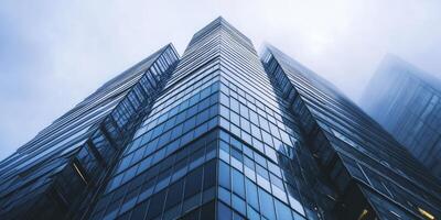 Skyscrapers Reaching Towards the Cloudy Sky in an Architectural Upward Perspective photo