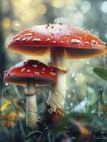 Two Red Mushrooms Growing in Forest with White Spots and Bokeh Background photo