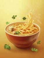 Bowl of Hot Noodle Soup with Fresh Parsley and Steaming Noodles photo