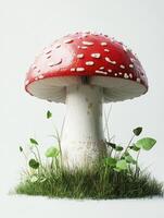 Mushroom with Red Cap and White Spots Growing in Grass on White Background photo