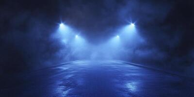 Road Illuminated by Spotlights in a Smoky Blue Atmosphere Abstract Background photo