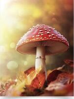Red Mushroom in Autumn Leaves with Sunlight Bokeh Effect Nature Scene photo
