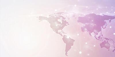 World Map with Connected Dots on Pink and Purple Background Showing Global Network photo