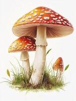 Red and White Mushrooms in Grass Illustration for Botanical and Nature Concepts photo