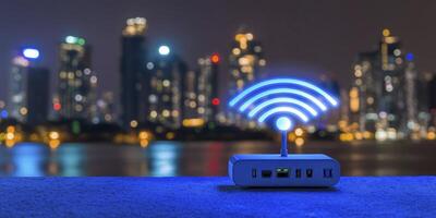 Wireless Router Displaying Wifi Signal with City Skyline at Night photo
