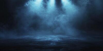 Dramatic Stage with Fog and Blue Lighting for Background or Presentation photo