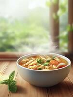 Steaming Bowl of Pasta Soup with Fresh Basil on Wooden Table photo