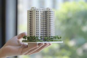 Holding a Model Skyscraper Building in Hand with Miniature Trees and Green Background photo