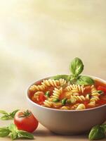 Pasta Soup with Vegetables in a Bowl with Fresh Basil and Tomato photo