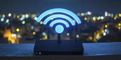 Wireless Router Displaying Wifi Signal with City Lights in the Background photo