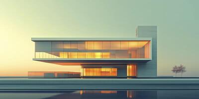 Modern Architectural Building with Large Windows Reflecting Warm Sunset Light photo