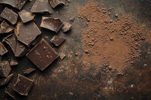 Dark Chocolate Pieces with Cocoa Powder on a Rustic Background photo
