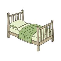 A bed with a green blanket and a wooden frame vector