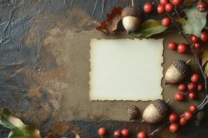 Autumn Still Life with Blank Card Acorns and Red Berries photo
