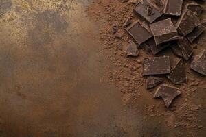 Delicious Dark Chocolate Chunks with Cocoa Powder on Rustic Background photo