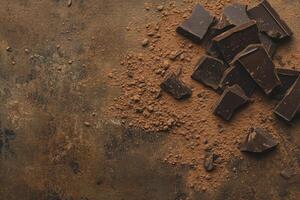 Dark Chocolate Chunks and Cocoa Powder on Rustic Brown Background photo
