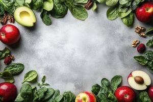 Fresh Apple Avocado Spinach Frame on Gray Background for Healthy Eating photo