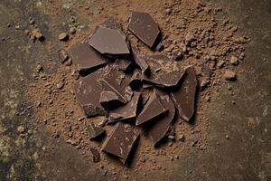 Dark Chocolate Pieces with Cocoa Powder on Textured Dark Background Overhead photo