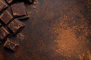 Dark Chocolate Chunks with Cocoa Powder on Rustic Surface Background photo