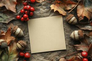 Autumn Leaves, Acorns and Berries Frame Tan Paper Card for Message photo