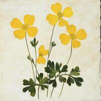 Yellow Buttercup Flowers Botanical Art with Green Leaves and Textured Background photo