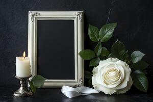 White Rose with Frame and Candle for Remembrance or Memorial photo
