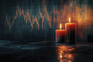 Candles Burning with Financial Chart Background Showing Economic Uncertainty photo