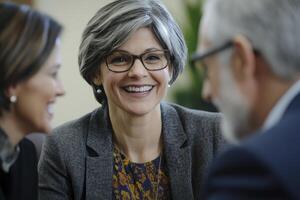 Smiling Woman Engaging in Conversation During a Business Meeting photo