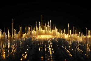 Illuminated Golden Bars Forming Abstract Skyline with Data Flowing Concept photo