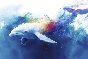 Whale Swimming Gracefully with Abstract Colorful Smoke Effect Underwater photo