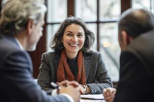 Smiling Woman Leading Business Meeting with Colleagues in Bright Office Setting photo