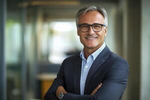 Smiling Mature Businessman Posing Confidently with Arms Crossed in Modern Office photo