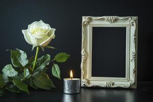 Elegant White Rose with Candle and Frame for Remembrance or Celebration photo