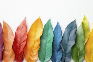 Arrangement of Colorful Leaves on White Background Creating a Spectrum Effect photo
