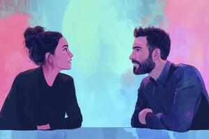 Couple Having Conversation in Illustration Style with Colorful Background photo