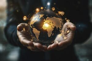 Holding Digital World Globe in Hands Technology Connection and Global Network photo